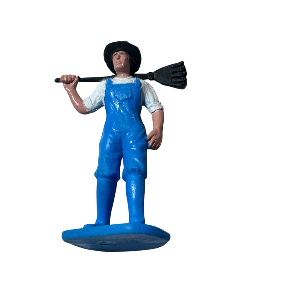 Farmer Figurine with blue overalls Rake Pitchfork diorama person vintage 2.25 in